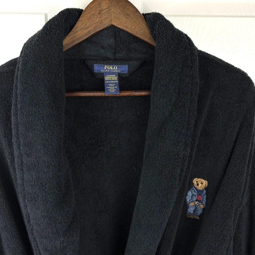 Polo Ralph Lauren Robe Mens L/XL Polo Bear Black Terry Cotton Belted Sleepwear